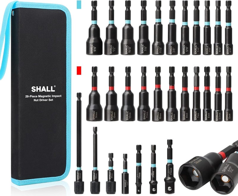 SHALL 29PCS Magnetic Nut Driver Set, Impact Drill Driver Bit 1/4" Hex Shank, SAE & Metric Cr-V Steel Power Nut Drivers with Quick-release Extensions, Impact Socket Adapters, Bit Holder and Storage Bag - Image 1